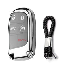 1x Glossy Silver TPU Keyless Remote FOB Shell Case W/ Black Keychain for Jeep Dodge Chrysler