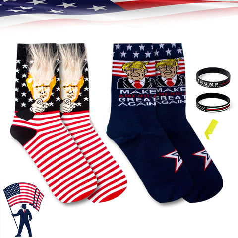 2 Pair Trump American Flag Presidential Election Patriot Print Cotton Crew Socks