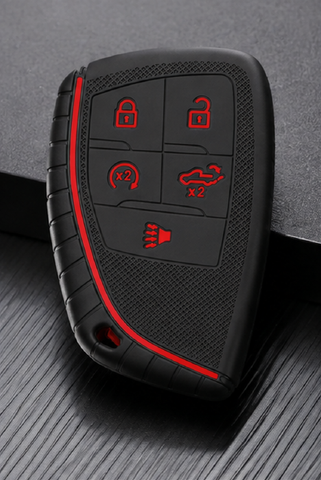 x xotic tech Silicone Smart Key Fob Cover Case Protector Gray w/Red Trim Fits Chevrolet Silverado 1500 2500HD 3500HD, Tahoe, Suburban & GMC Sierra, Yukon 5-Button Keyless Entry Remote Key Holder