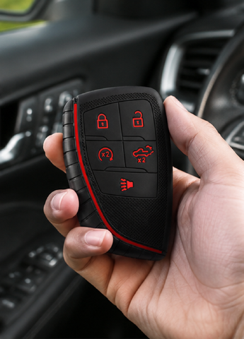 x xotic tech Silicone Smart Key Fob Cover Case Protector Gray w/Red Trim Fits Chevrolet Silverado 1500 2500HD 3500HD, Tahoe, Suburban & GMC Sierra, Yukon 5-Button Keyless Entry Remote Key Holder
