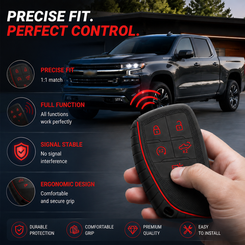 x xotic tech Silicone Smart Key Fob Cover Case Protector Gray w/Red Trim Fits Chevrolet Silverado 1500 2500HD 3500HD, Tahoe, Suburban & GMC Sierra, Yukon 5-Button Keyless Entry Remote Key Holder