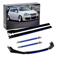 Front Bumper Lip Chin Spoiler+ 2.2M Side Skirt Winglets Diffusers+ Adjustable 10"-13" Support Rod Compatible with Honda Accord Civic or VW MK5 MK6 MK7 or Kia Optima, Glossy Black w/Blue