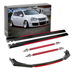 Front Bumper Lip Chin Spoiler+ 2.2M Side Skirt Winglets Diffusers+ Adjustable 10"-13" Support Rod Compatible with Honda Accord Civic or VW MK5 MK6 MK7 or Kia Optima, Carbon Fiber w/Red