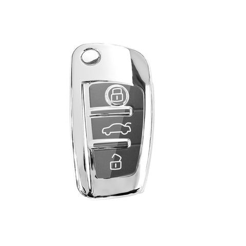 Soft TPU Flip Remote Key Fob Case Cover for Audi A1 A3 A4 A5 A6 Q2 Q3 Q7 TT S3 R8 3-Buttons Flip Key, Silver