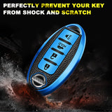 4 Buttons Remote Key Fob Shell TPU & Leather Full Protect Holder w/Keychain Blue For Nissan