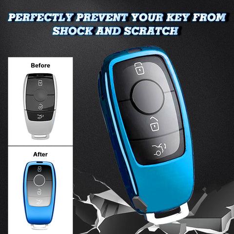Xotic Tech Blue TPU Key Fob Shell Full Cover Case w/ Pink Keychain, Compatible with Mercedes-Benz A-Class C-Class C300 C63 CLA CLS E-Class E300 / E400 / E63 G-Class GL / GLK GLA  Smart Keyless Entry Key