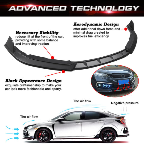 Front Bumper Lip Chin Spoiler Diffuser Splitter Guard Body Kit, Matte Black, Compatible with Honda Civic Sedan 2019-2021