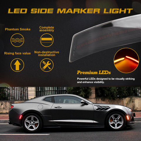 4PCS ABS Smoked Lens Front Rear LED Side Marker Light For Chevrolet Camaro 2016-2021