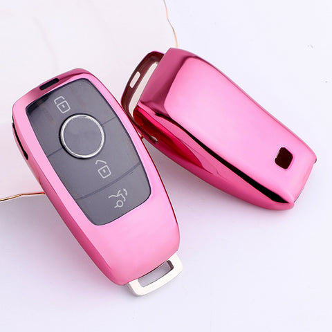 Pink Soft TPU Full Protect Smart w/Button Key Fob Cover For Mercedes-Benz AMG