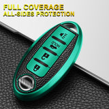 4 Buttons Remote Key Fob Shell TPU & Leather Full Protect Holder w/Keychain Green For Nissan