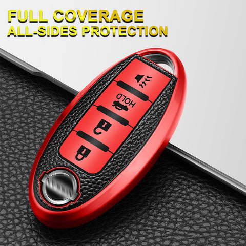 For Nissan Red Soft TPU & Leather 4-Buttons Key Fob Case Full Sealed Protection