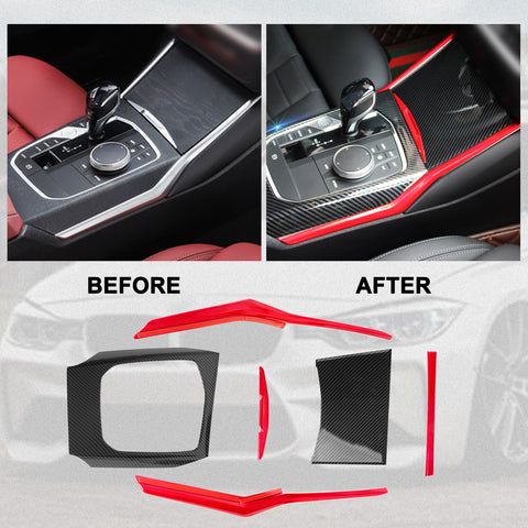 Sporty Inner Central Gear Shift Media Panel Cup Holder Cover Trim Compatible with BMW 3-Series G20 2019-2021 (Red & Carbon fiber pattern)