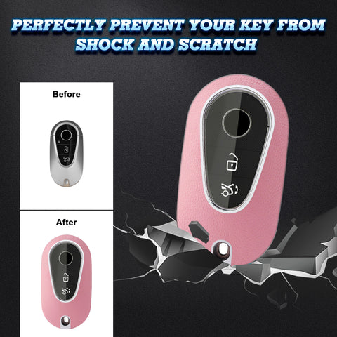 Pink TPU w/Leather Texture Full Protect Remote Key Fob w/Keychain For Mercedes S-Class 2020+