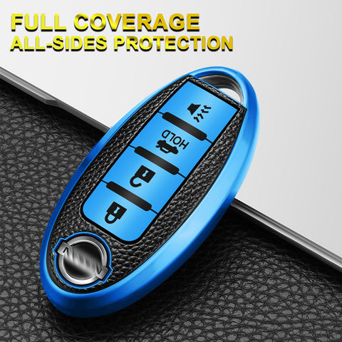 4 Buttons Remote Key Fob Shell TPU & Leather Full Protect Holder w/Keychain Blue For Nissan