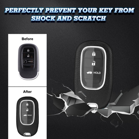 Black TPU w/Leather Texture Full Protect Remote Key Fob w/Keychain For Honda Accord 2022+