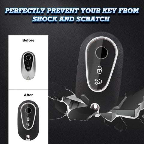 Black TPU w/Leather Texture Full Protect Remote Key Fob w/Keychain For Mercedes S-Class 2020+