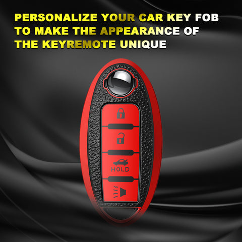 4 Buttons Remote Key Fob Shell TPU & Leather Full Protect Holder w/Keychain Red For Nissan