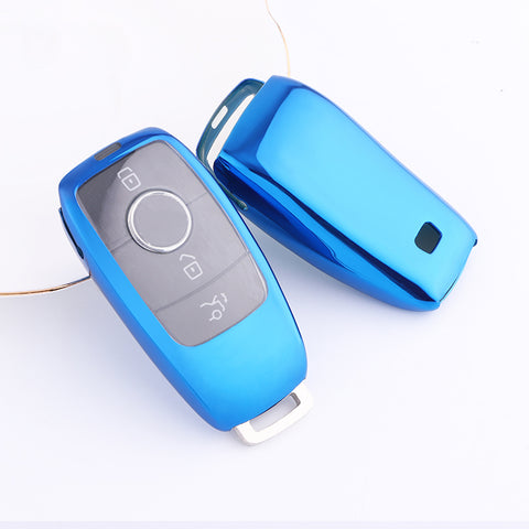 Blue Soft TPU Full Protect Smart w/Button Key Fob Cover For Mercedes-Benz C E S