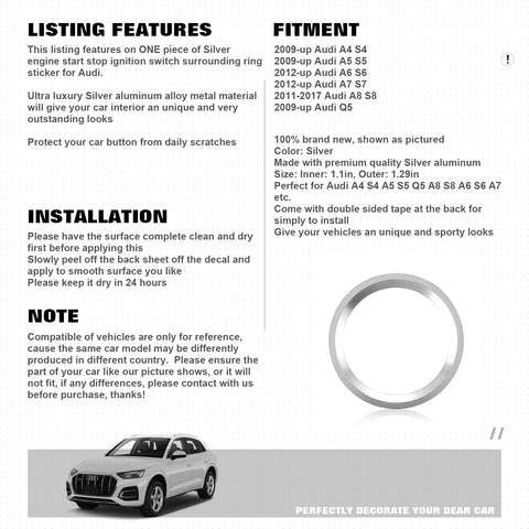 Aluminum Keyless Start Engine Stop Push Button Surrounding Ring Decoration Cover Trim Compatible with Audi A4 A5 A6 A7 Q5, etc (Silver)