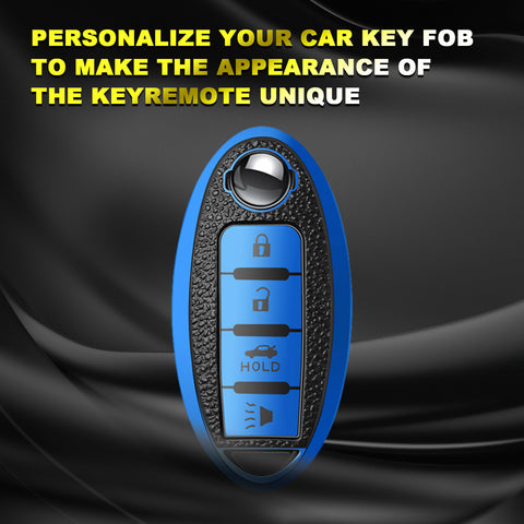 4 Buttons Remote Key Fob Shell TPU & Leather Full Protect Holder w/Keychain Blue For Nissan