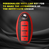 For Nissan Red Soft TPU & Leather 4-Buttons Key Fob Case Full Sealed Protection