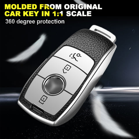 Silver TPU Leather 3 Button Remote Key Fob w/Keychain For Mercedes-Benz E S-Class 2017 2018 up