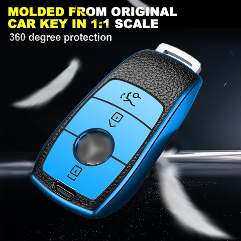 Blue TPU Leather 3 Button Remote Key Fob w/Keychain For Mercedes-Benz E S-Class 2017 2018 up