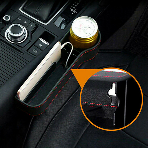 2PCS Car Front Seat Console Left & Right Side Pocket Gap Filler Cup Holder Organizer Storage Box for Cellphones Keys Cards Wallets Sunglasses, Black Leather (2.95" in Diameter)
