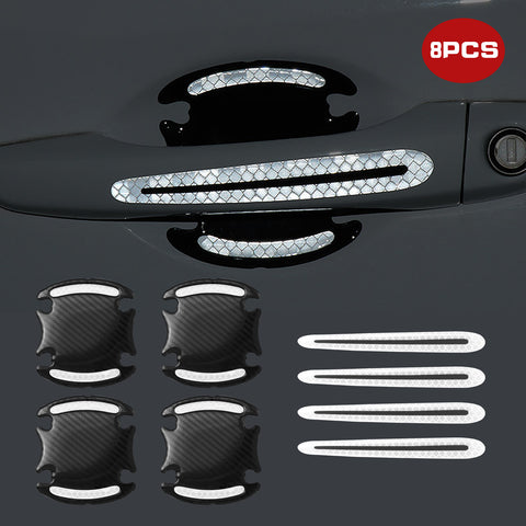 Car Door Handle Reflective Stickers Scratch Protective Cover Guard, Carbon Fiber Pattern w/Safety Warning Strip (White)