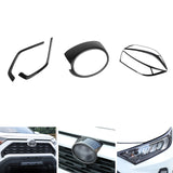 Set Carbon Fiber Style Exterior Front Grille Stripe Logo Ring Headlight Eyelid Accessories Cover Trim Combo Kit, Compatible with Toyota Rav4 2019-2024