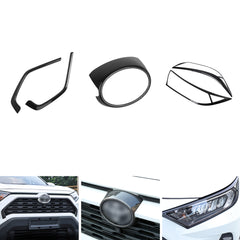 Set Carbon Fiber Style Exterior Front Grille Stripe Logo Ring Headlight Eyelid Accessories Cover Trim Combo Kit, Compatible with Toyota Rav4 2019-2024