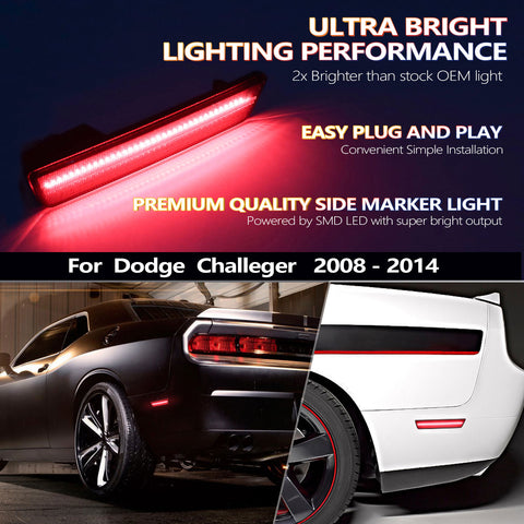 Rear Side Marker Light Compatible For Dodge Challenger 2008-2014, Dodge Charger 2011-2014 LED Red Rear Bumper Sidemarker Light Fender Parking Lamp Assemblies, Smoked Lens