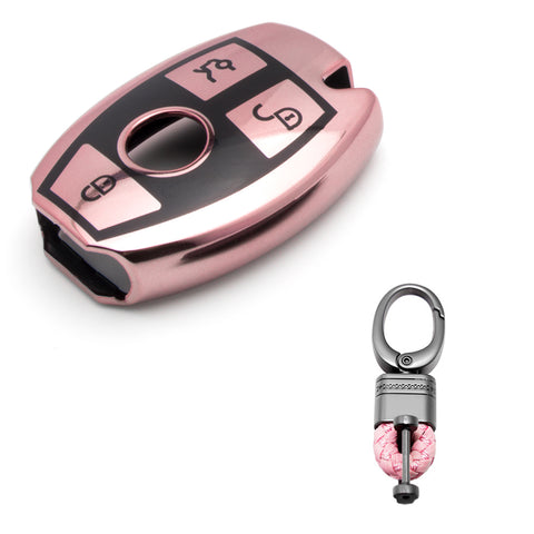 Rose Gold TPU Full Protect Smart Key Cover Case w/Keychain For Mercedes A B C E S M CLS CLK