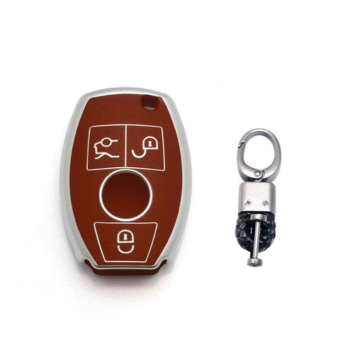 Key Fob Cover Case Shell Keyless Full Protect Brown w/Keychain For Mercedes Benz 3 Button