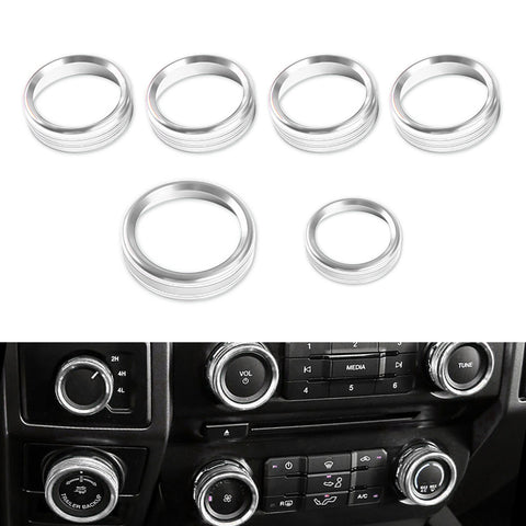 6pcs Centre Console AC Climate Control/Radio Volume Tune Switch Knob Surrounding Ring Decoration Covers Compatible with Ford F150 XLT 2016-2020 (Silver)