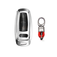Xotic Tech Silver TPU Key Fob Shell Full Cover Case w/ Red Keychain, Compatible with Audi A6 C6 C5 A3 A4 B6 B7 B9 B8 A5 A2 Q5L Q3 A1 S3 A4L Q7 A5 A7 A8 Q5 R8 TT S5 S6 S7 S8 Smart Keyless Entry Key