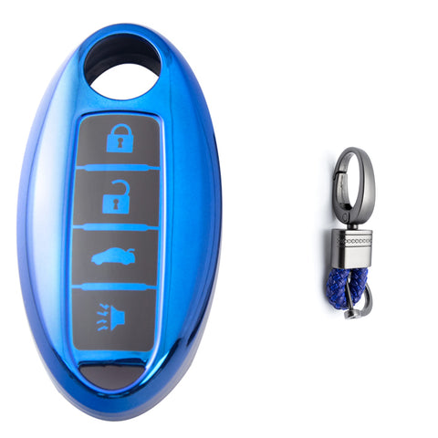 Blue Full Protection Smart Key Fob Cover Case w/Keychain TPU For Infiniti G37 4-Button
