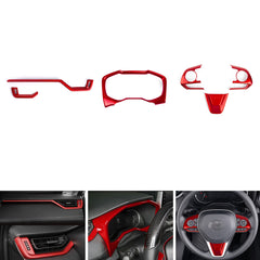 Set Sporty Red Interior Dashboard Instrument Side Air Vent Frame Steering Wheel Accessories Cover Trim Combo Kit, Compatible with Toyota Rav4 2019-2024