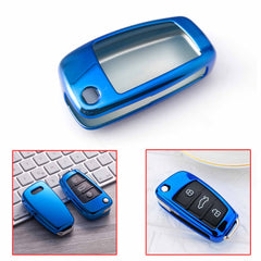 For Audi Key Fob Cover Case, Soft TPU Key Shell Cover Holder Protector Compatible with Audi A1 A3 A4 A5 A6 Q3 Q7 R8 A6L TT Flip Key 3 Buttons, Blue