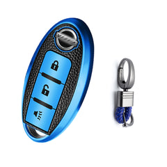 3 Button Blue TPU Key Fob Cover Case Holder Protect w/ Keychain For Nissan Rogue Pathfinder