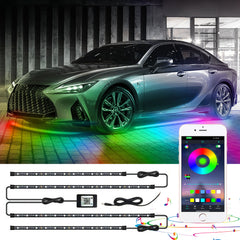 RGB LED Underglow Light, Multi Color Music Sound Active Function Bluetooth Underbody Neon Accent LED Strip Lights Kit, w/ APP Control Wireless Remote, 60x90cm 4pcs