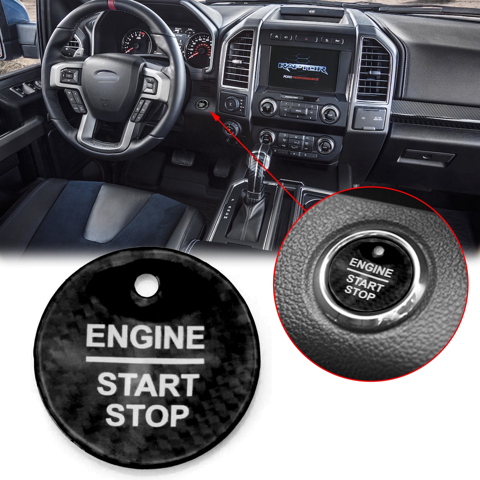 Ford Raptor Ranger Start Button Black Carbon Fiber Engine Push Start Button Decor Cover For Ford F-150 ...