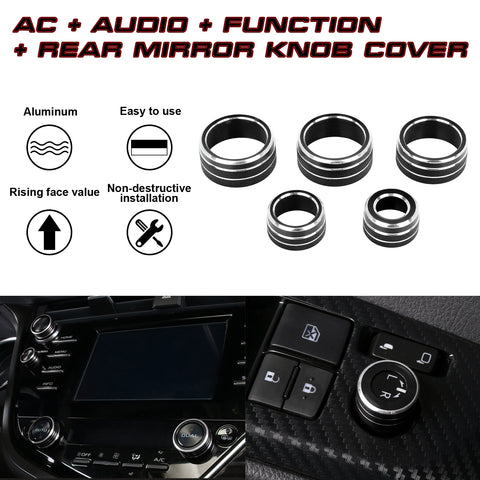 5x Black AC Audio Knob Function Rear Mirror Knob Switch Cover For Camry 2018-20