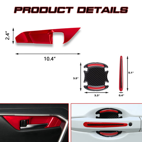 Set Red Inner + Exterior Door Handle Bowl Cover Trim For Toyota Rav4 2019-2024