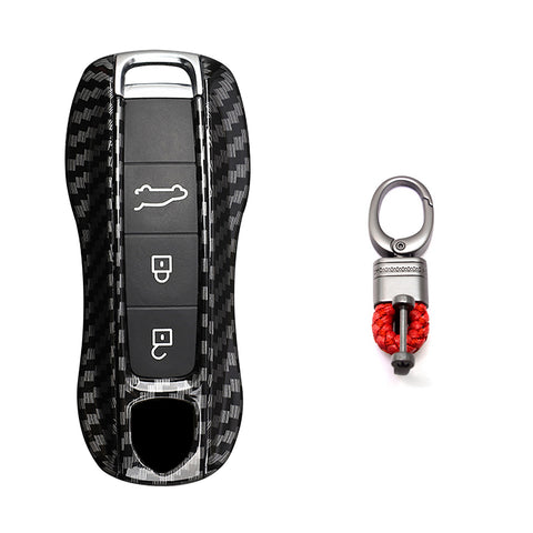 Carbon Fiber Texture Remote Control Key Fob Cover Hard Shell w/Keychain For Porsche Cayenne Panamera 2018+
