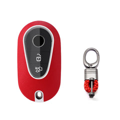 Red TPU w/Leather Texture Full Protect Remote Key Fob w/Keychain For Mercedes S-Class 2020+