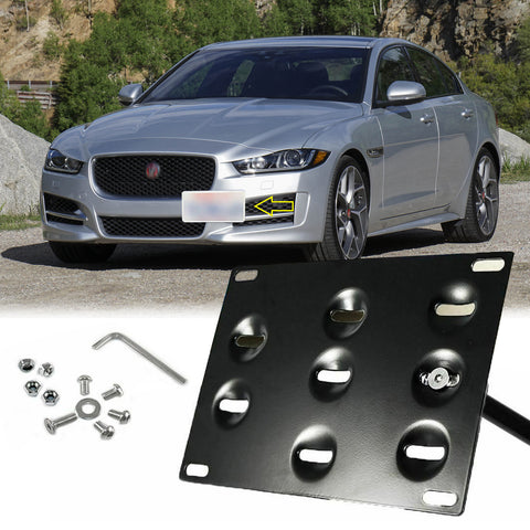 Set Black Front Bumper Tow Hook License Plate Mount Bracket Relocator Kit for Jaguar XF 2009-up, Jaguar XE 2017-up - No Drill