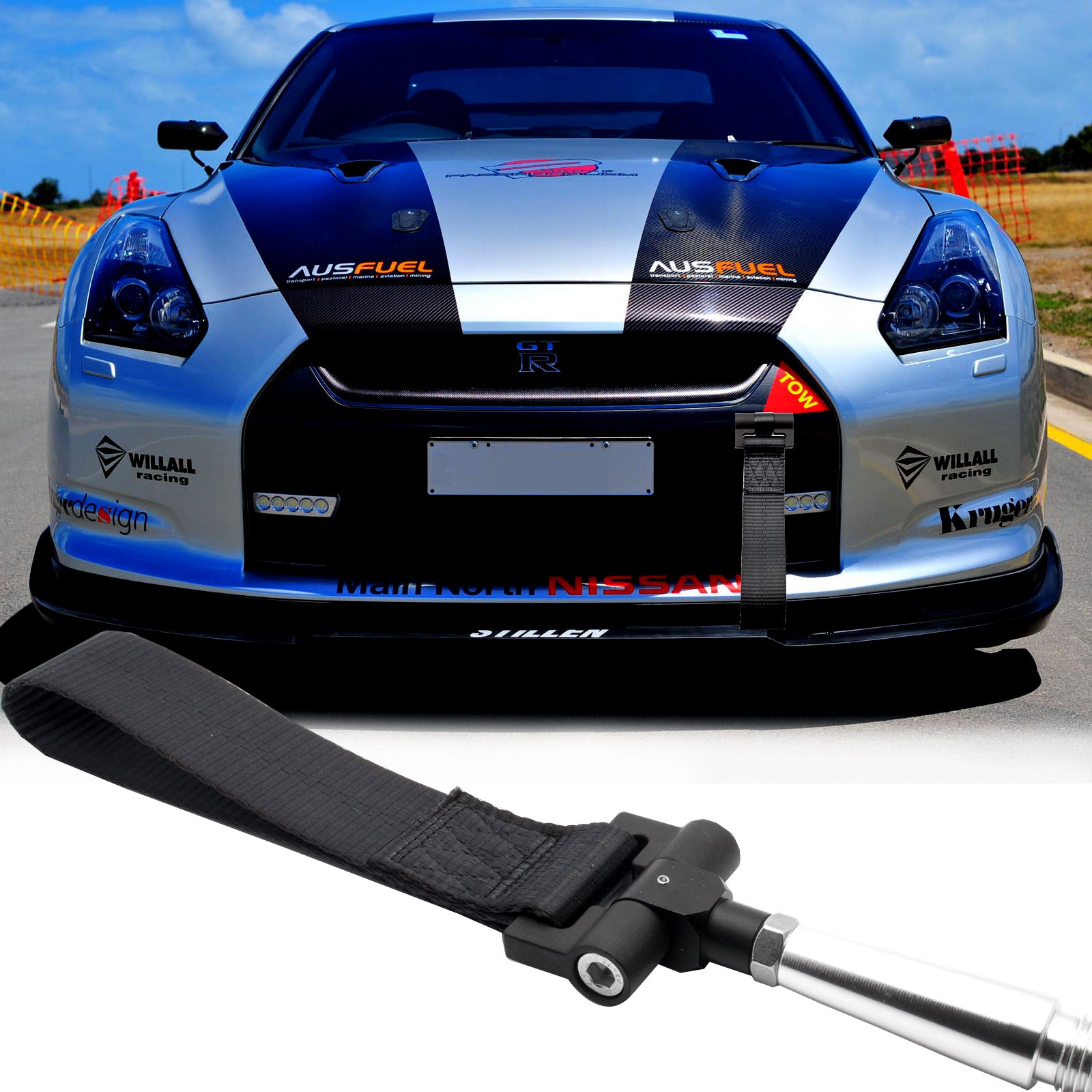 Blue / Black / Red JDM Style Tow Hole Adapter with Towing Strap for Ni