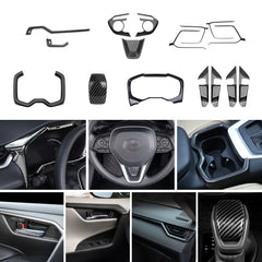Set Carbon Fiber Style Interior Dashboard Instrument Side Air Vent Steering Wheel Gear Shift Door Armrest Handle Bowl Accessories Cover Trim Combo Kit, Compatible with Toyota Rav4 2019-2024