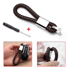 Genuine Leather Keychain, Weave Braided Leather Car Key Chain Ring Grip Strap, Brown